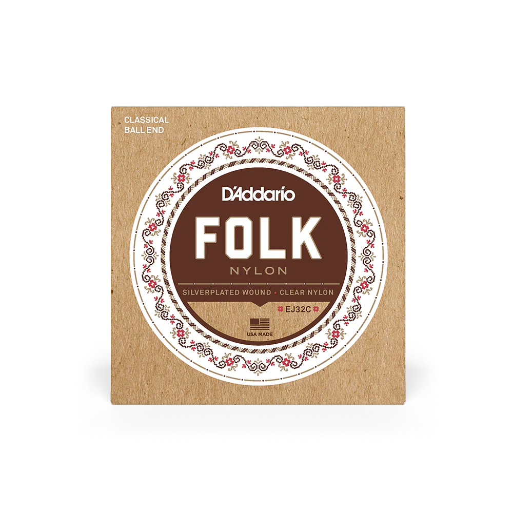 D'Addarío Folk EJ32C Normal Tension Ball End - Silver-Wound/Clear Nylon Classical Guitar Strings