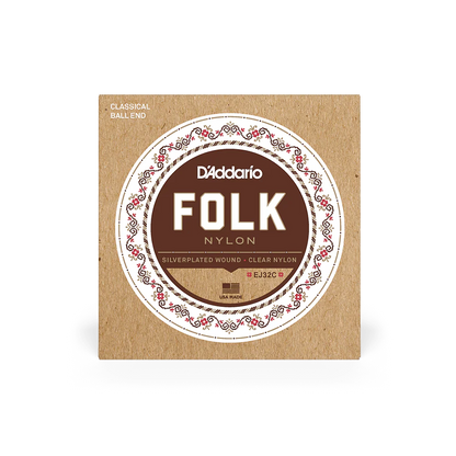 D'Addarío Folk EJ32C Normal Tension Ball End - Silver-Wound/Clear Nylon Classical Guitar Strings