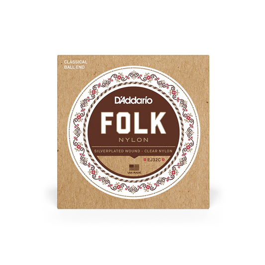 D'Addarío Folk EJ32C Normal Tension Ball End - Silver-Wound/Clear Nylon Classical Guitar Strings